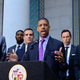 Sacramento, Calif., Mayor Kevin Johnson (center) at a press conference at Los Angeles City Hall with Los Angeles Mayor Eric Garcetti (third from left) and current and former NBA players regarding L.A. Clippers owner Donald Sterling on April 29, 2014
Noel Vasquez/Getty Images